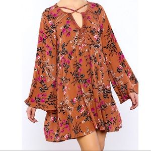 Umgee Fall Floral Long Bell Sleeve Tunic Dress Sm